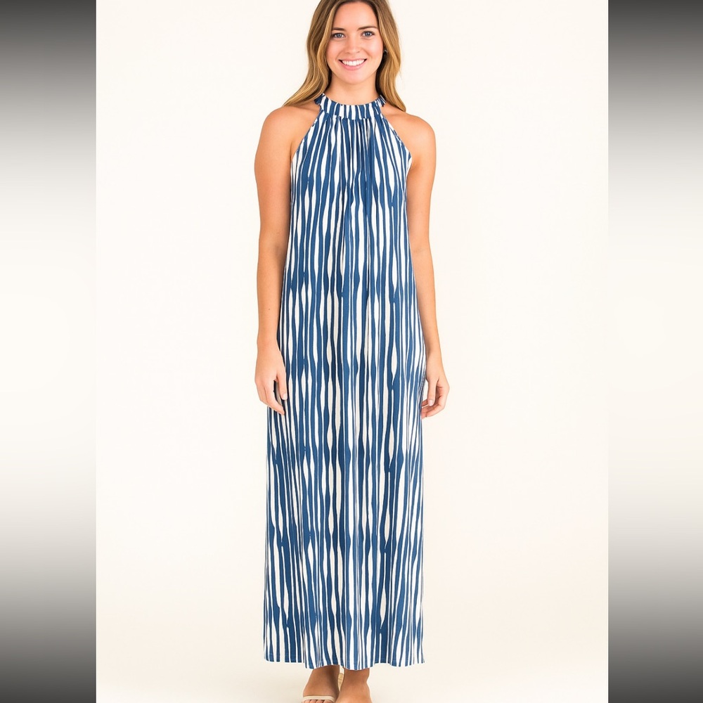 Omi Jo | Blue & White Maxi Dress Sleevess Keyhole Back 9/10 Soft Knit Beachy